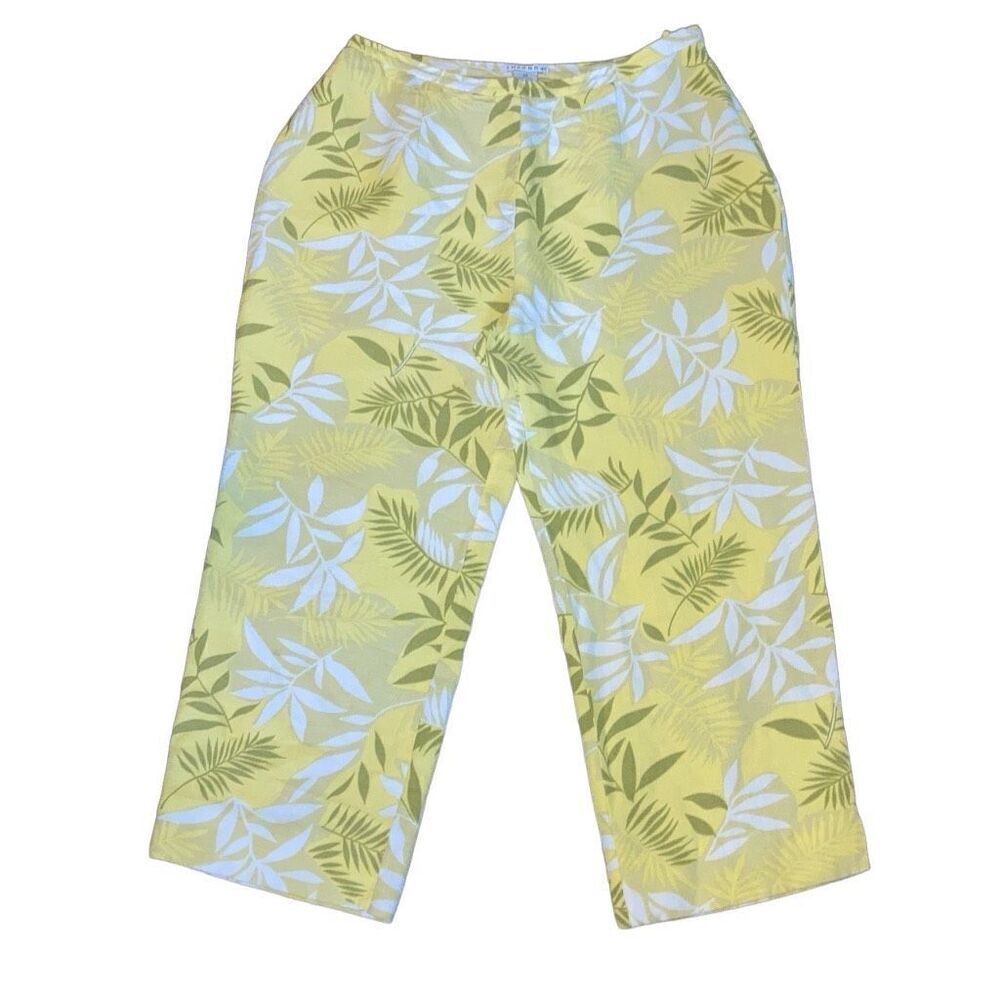 Vintage Rosanna Sz 12 Linen Rayon Blend Yellow White Floral Plant Cropped Pants